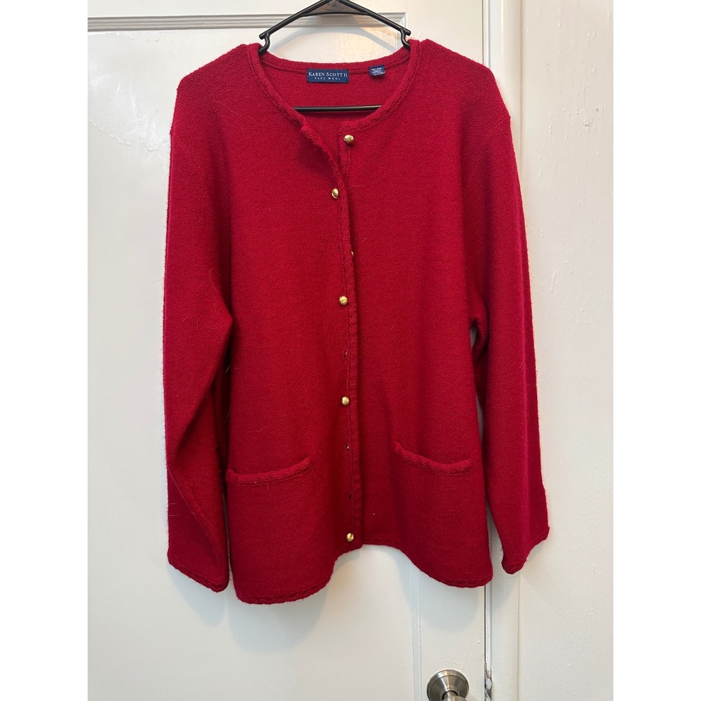 Karen Scott II Red Pure 100% Wool Cardigan Sweater Gold Buttons 1x plus